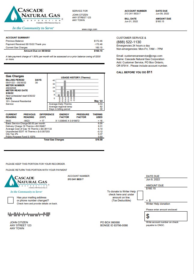 USA Cascade Natural Gas utility bill, Word and PDF template